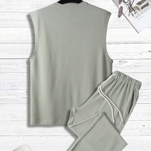 Light Grey Casual Mens Solid Tank Top & Drawstring Waist Pants - Picture 3 of 6